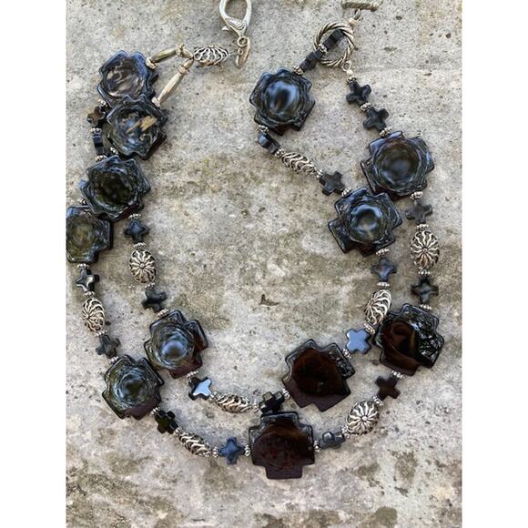 SALE!! Black Onyx Cross Lanyard - Black & Silver Double Strand Chunky Necklace - Picture 4 of 9